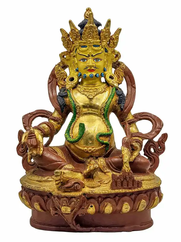 Statue en cuivre de Jambhala jaune, partiellement plaquée en or