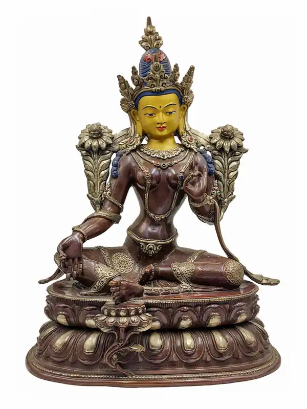 Statue en cuivre de Tara verte avec finition oxydée
