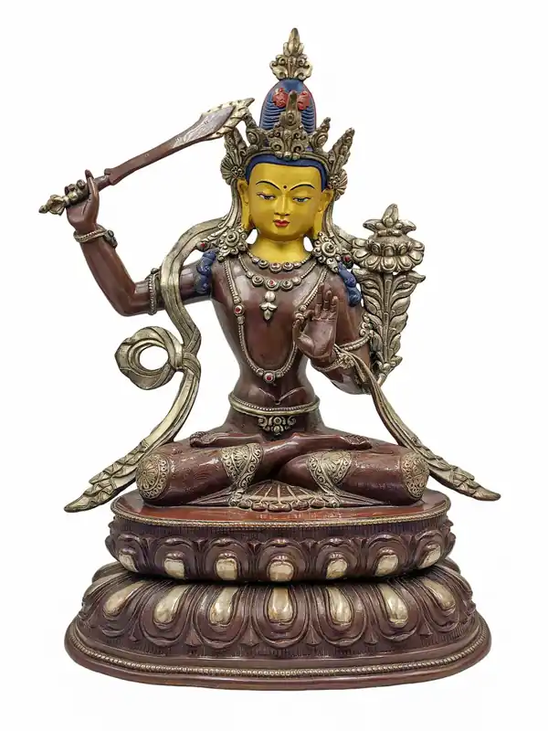 Statue en cuivre de Manjushri avec finition oxydée en argent et chocolat
