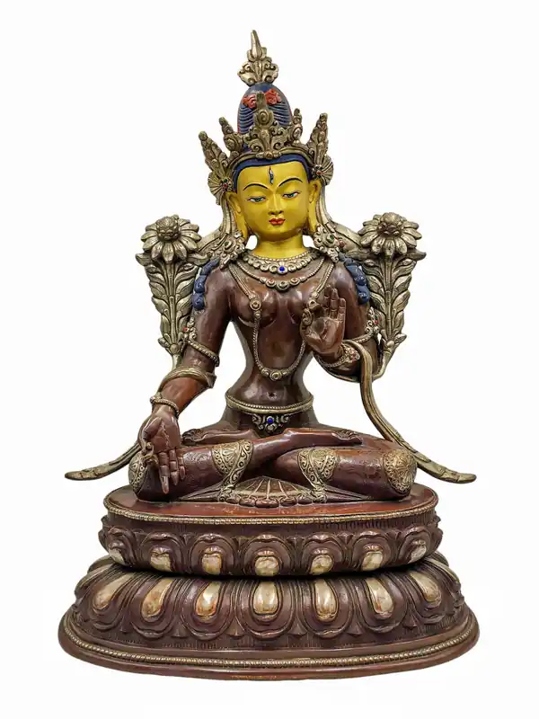 Statue en cuivre sculptée à la main de la Tara Blanche – Déesse de la longévité et de la guérison, 32 cm