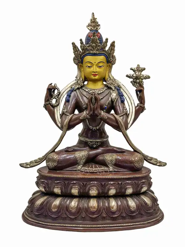 Statue en cuivre de Chenrezig avec oxydation argentée et chocolatée