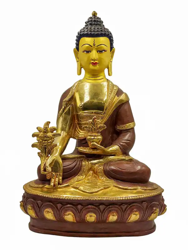 Statue du Bouddha Médecine – Cuivre partiellement doré, 32 cm, Guérisseur de la santé et de la paix