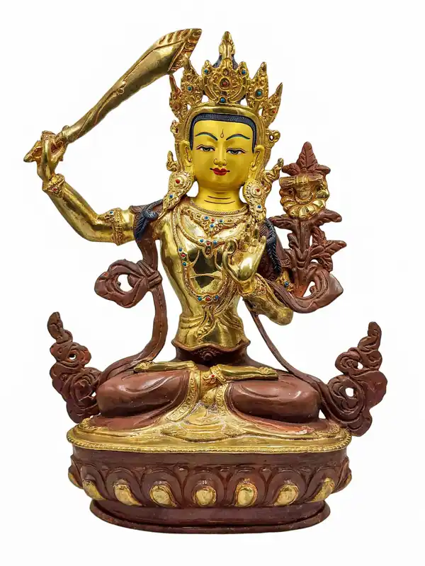 Statue en cuivre de Manjushri – Détails plaqués or