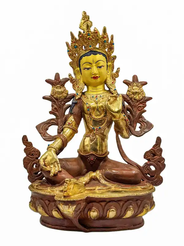 Statue en cuivre de la Tara verte avec plaquage en or