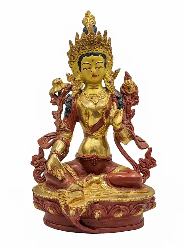 Statue de la déesse Tara verte en cuivre avec placage d’or