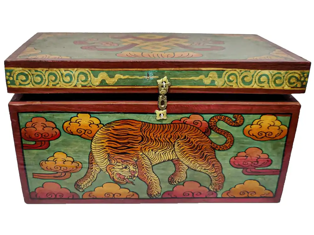 Boîte au trésor en bois décorée de tigre tibétain