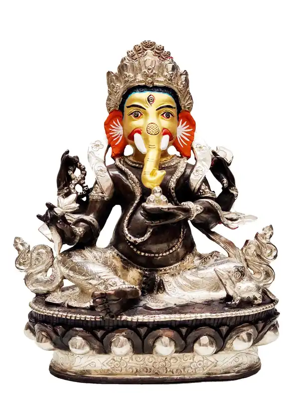Statue de Ganesh en cuivre – Visage oxydé argenté et chocolat, Éliminateur d’obstacles