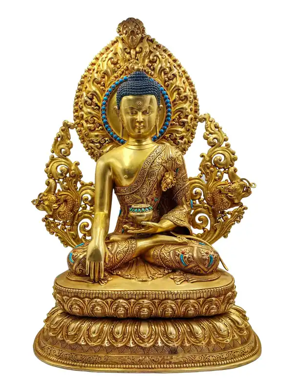 Statue en cuivre de Shakyamuni Bouddha avec argent et or