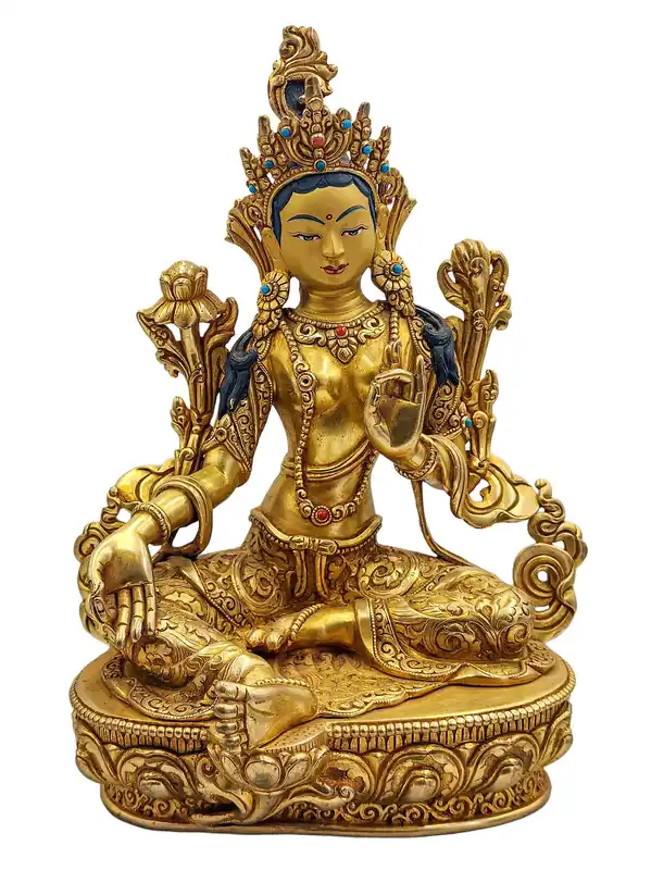 Statue en cuivre de la Tara verte – Déesse compatissante de l’action rapide, plaquée or