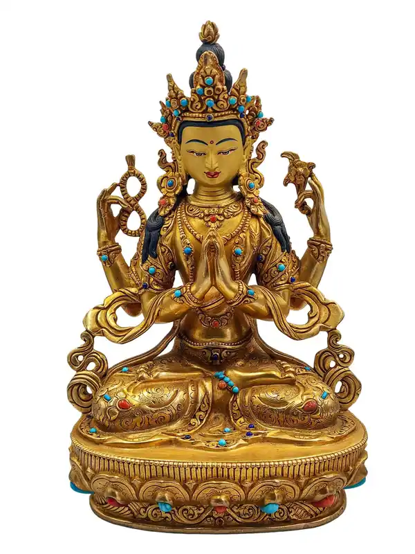 Statue en cuivre de Chenrezig – Bodhisattva de la compassion plaqué or