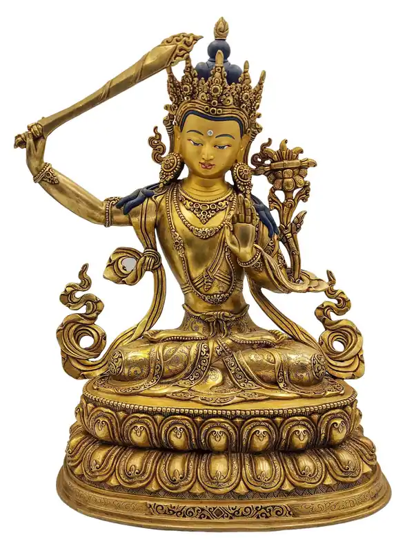 Statue en cuivre de Manjushree avec finition plaquée or