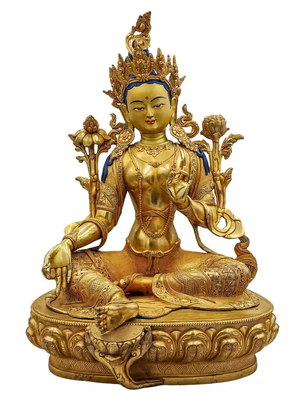Statue en cuivre de la Tara Verte – Visage peint et doré