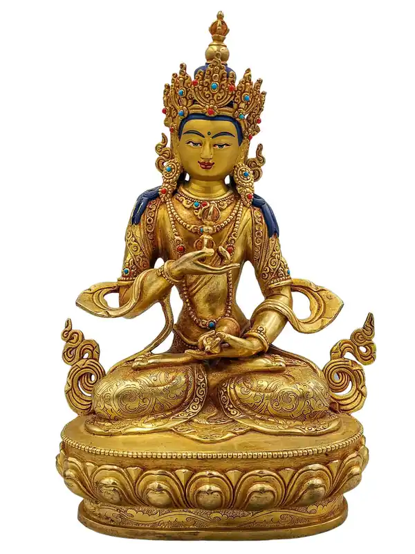 Statue en cuivre de Vajrasattva – Plaquée or et peinte sur le visage