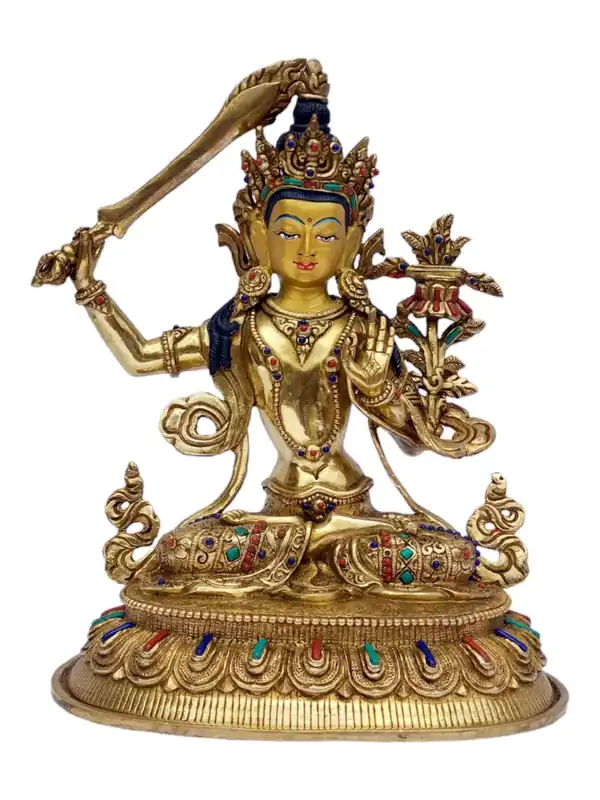 Statue en cuivre plaquée or de Manjushri, Sagesse artisanale