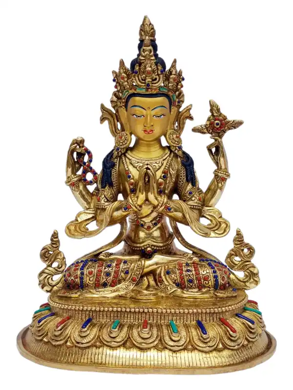Statue de Chenrezig en cuivre avec finition dorée