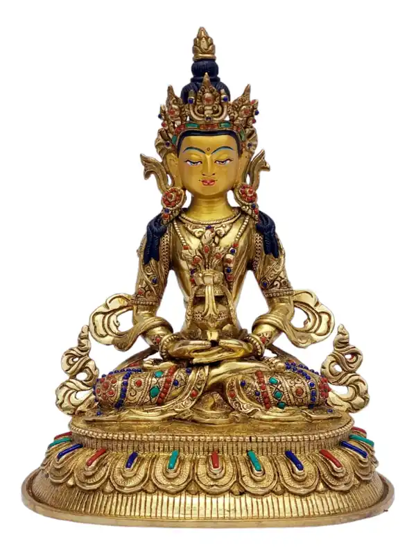 Statue d’Aparimita Bouddha – Cuivre avec plaquage en or complet, symbolisant la longue vie et la sagesse