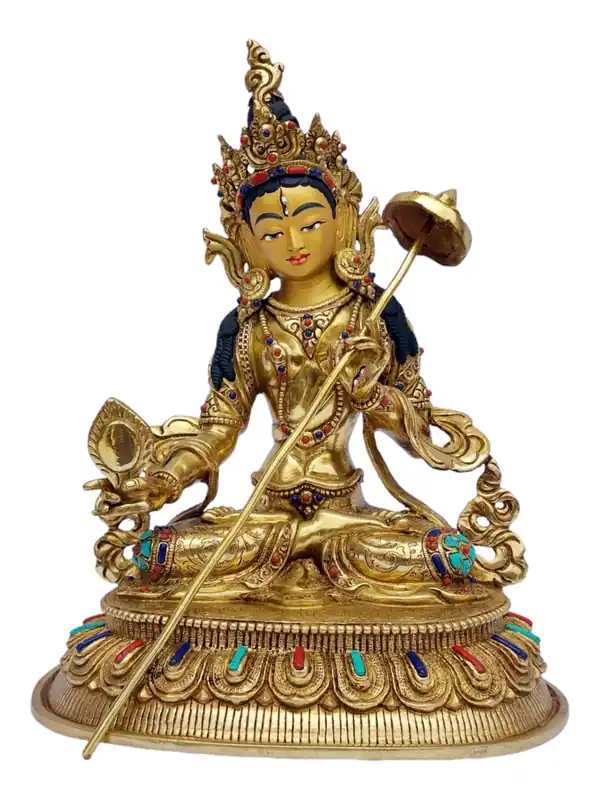 Statue de Tara Sitatapatra avec un Parasol – Cuivre avec Plaque d’Or Complète et Incrustation de Pierres