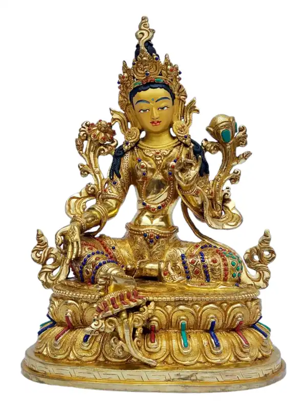 Statue en cuivre de Tara verte avec finition dorée