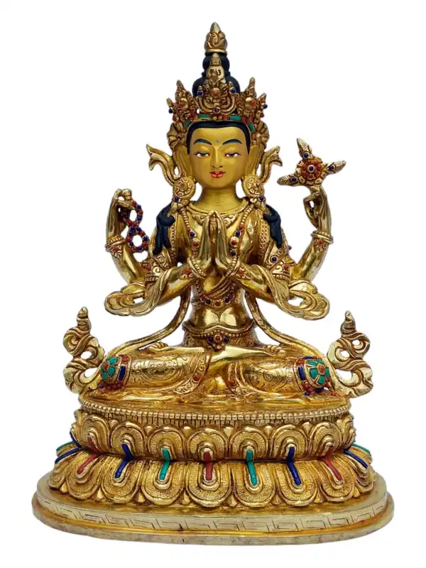 Statue en cuivre de Chenrezig – Bodhisattva de la compassion avec visage peint et pierres précieuses