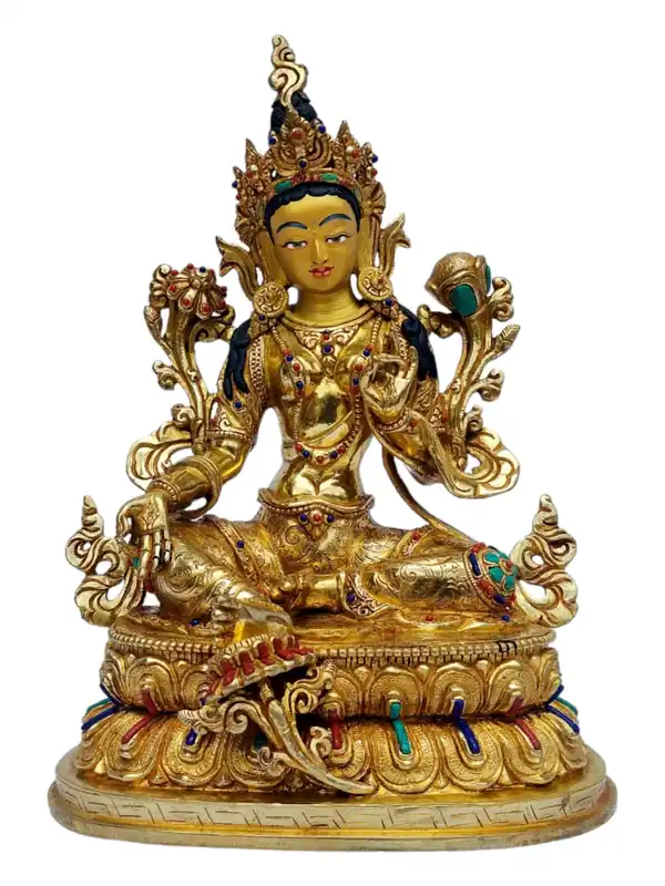Statue en cuivre plaqué or de la Tara Verte – Incarnation de la Compassion et de la Protection
