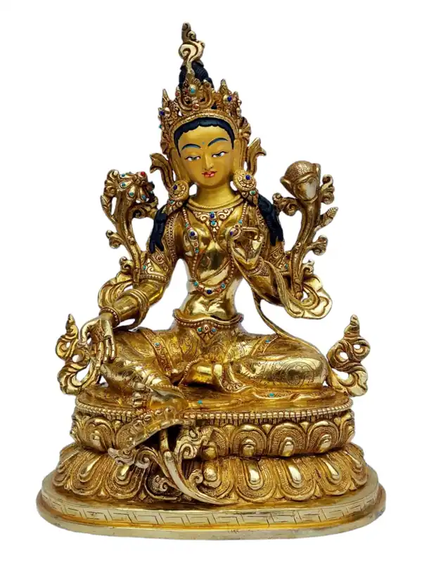 Statue de cuivre de Tara verte – Déesse de la compassion avec un visage magnifiquement peint