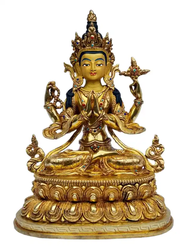 Statue en cuivre de Chenrezig – Bodhisattva de la Compassion avec visage peint
