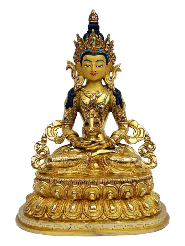Statue du Bouddha Aparimita – Idole en cuivre entièrement plaquée or de longue vie et de sagesse