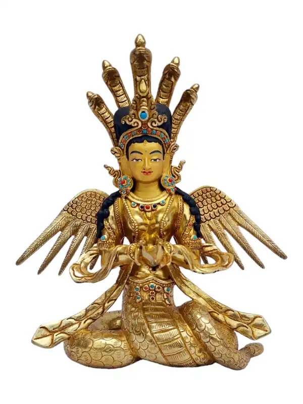 Statue en cuivre de Naga Kanya – Déesse serpent de la sagesse avec finition dorée