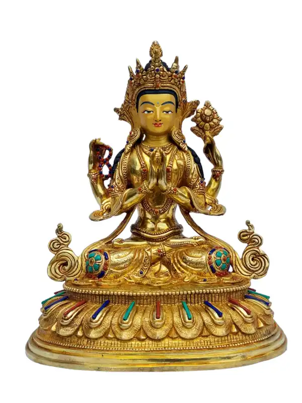 Statue en cuivre de Chenrezig – Bodhisattva de la compassion avec des détails plaqués en or