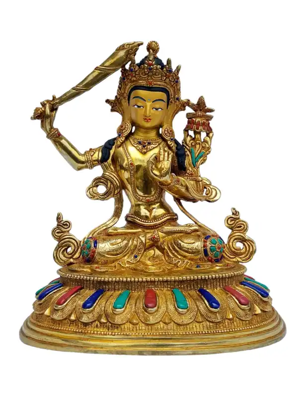 Statue en cuivre plaqué or de Manjushri, 25 cm