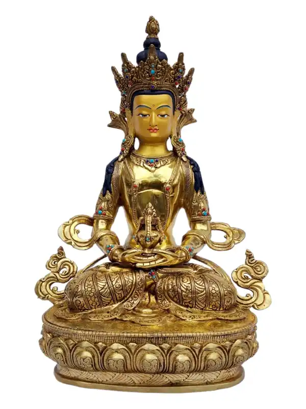 Statue du Bouddha Aparimita – Cuivre, entièrement plaqué or, symbole de longue vie et de sagesse