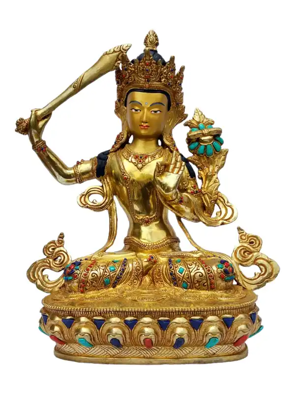 Statue de Manjushri en plaqué or avec incrustations de pierres