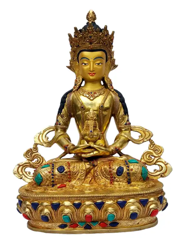 Statue en cuivre Aparmita – Plaquée or avec visage peint pour la longue vie et la sagesse