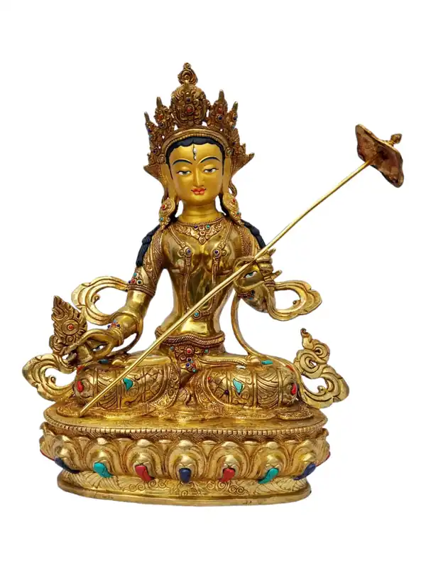 Statue de Tara Sitatapatra – Art en cuivre entièrement plaqué or pour la protection