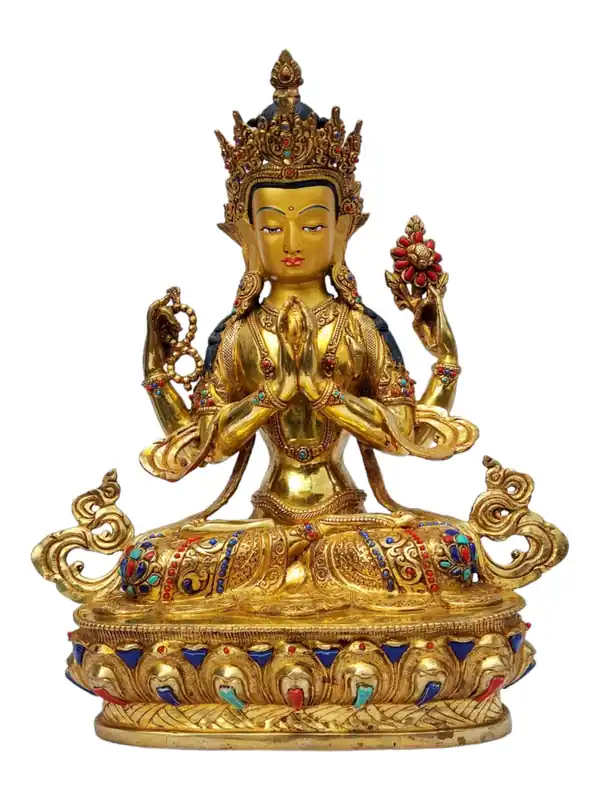 Statue de Chenrezig dorée – Bodhisattva de la Compassion, artisanat en cuivre