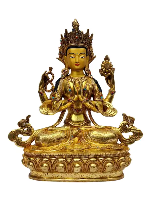 Statue de Chenrezig dorée et rayonnante – Bodhisattva de la Compassion en cuivre