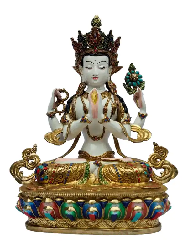 Statue en cuivre de Chenrezig – Bodhisattva de la compassion avec finition partiellement dorée