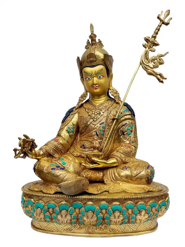 Statue en cuivre de Padmasambhava – Dorure, visage peint, 48 cm