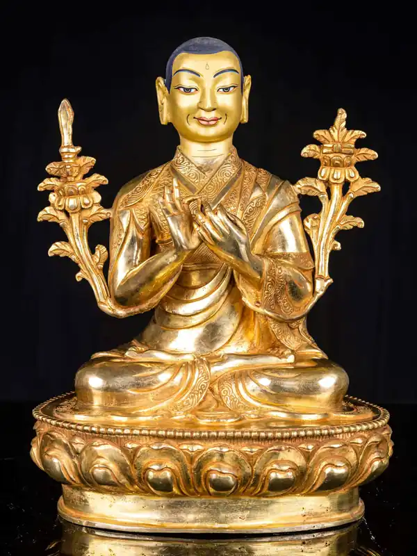 Statue en cuivre de Tsongkhapa avec un visage entièrement plaqué or – Incarnation de la sagesse