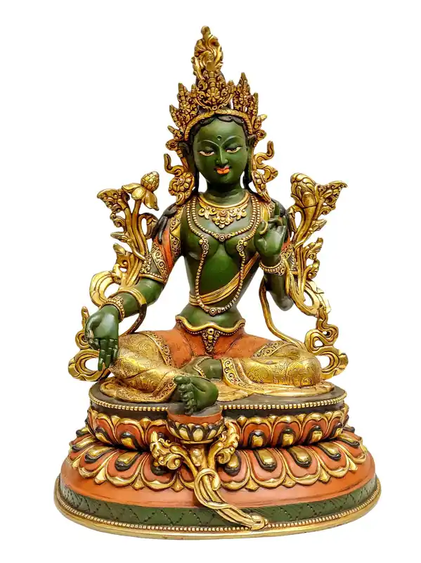 Statue de Tara Verte en cuivre et en or de feu