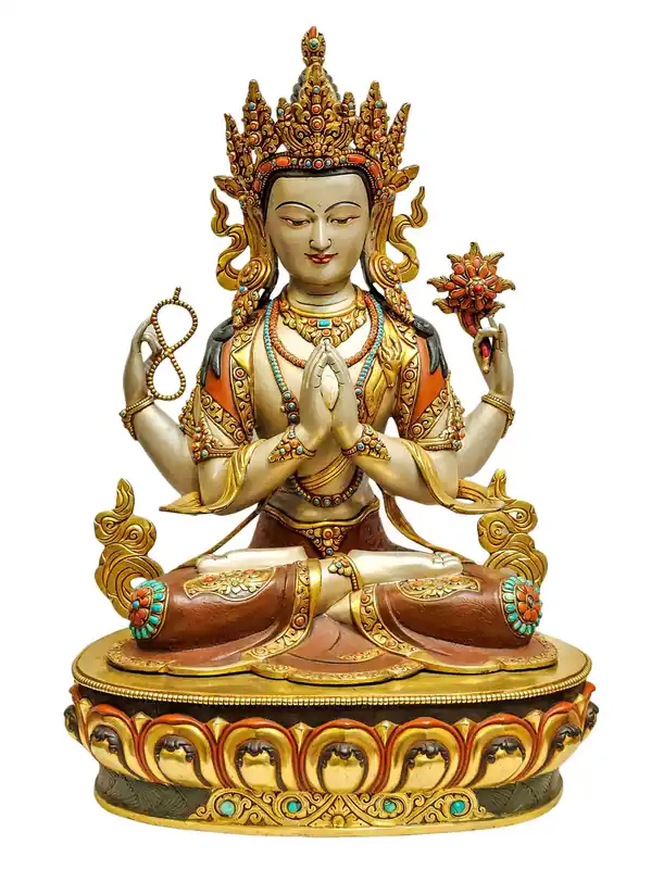 Statue en cuivre de Chenrezig – Bodhisattva de la Compassion avec dorure à l’or de feu