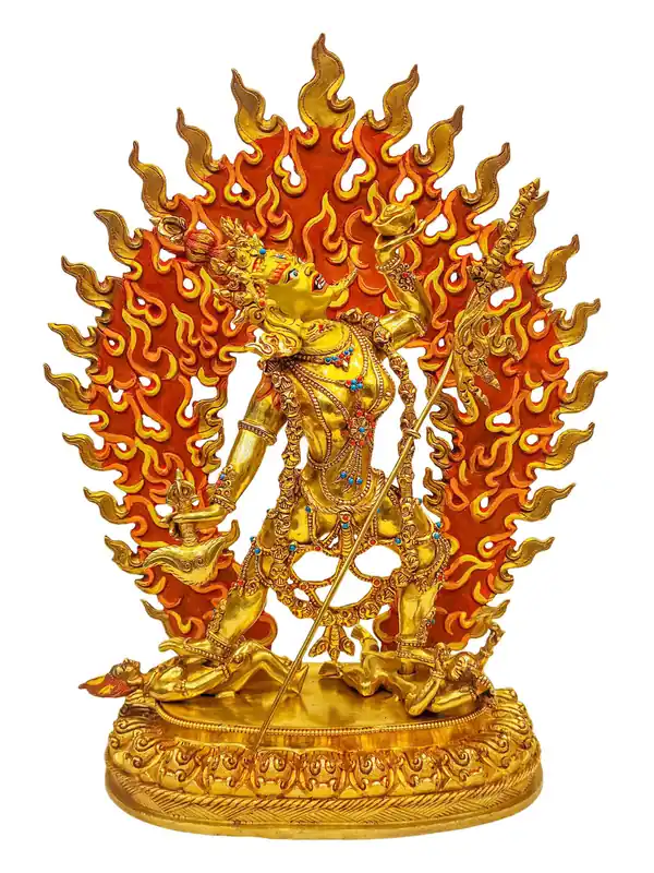 Statue en cuivre de Vajrayogini avec des incrustations de pierres délicates et un visage magnifiquement peint
