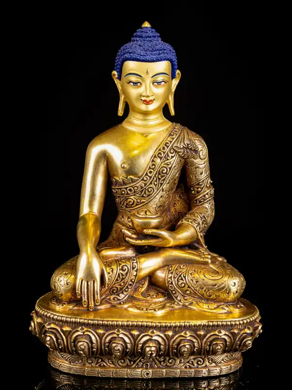 Statue en cuivre de Shakyamuni Bouddha avec un visage plaqué or – Symbole de l’Éveil