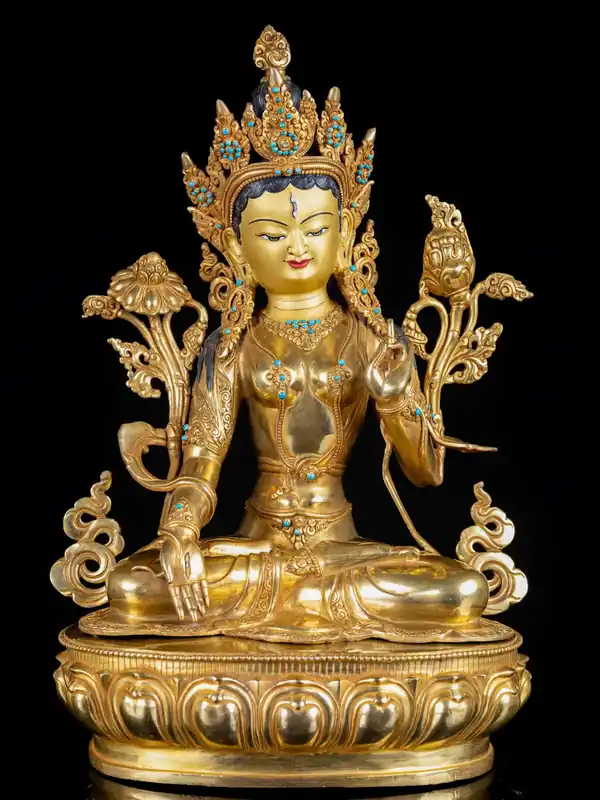 Statue en cuivre de Tara Blanche, finement ouvragée, avec finition dorée