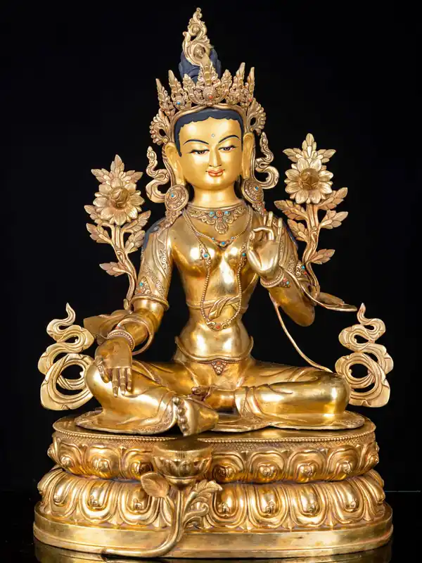 Statue de Tara Verte – Cuivre, Visage entièrement doré, Incarnant la Compassion et la Protection
