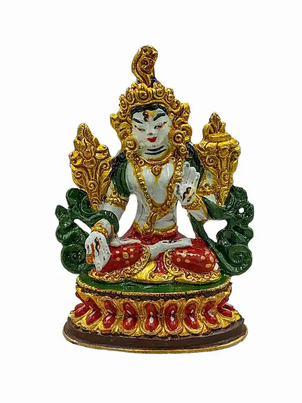 Statue miniature de la Déesse de la Longévité et de la Guérison, Tara Blanche, en cuivre
