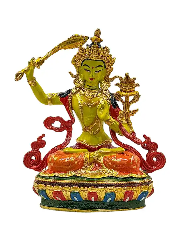 Statue miniature de Manjushri de haute qualité – Bouddha de la sagesse avec finition traditionnelle en couleurs