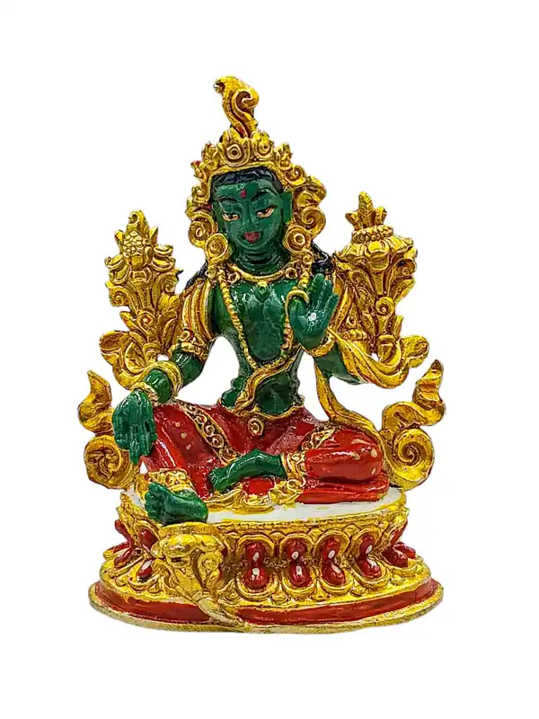 Statue miniature de Green Tara en cuivre de haute qualité, incarnant la compassion et l’action rapide