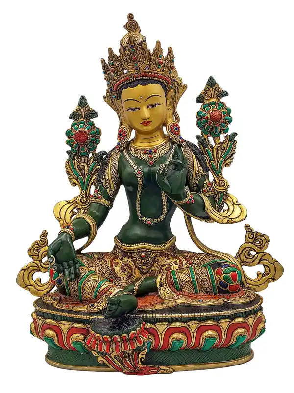 Statue de Tara Verte – Art en cuivre de la compassion avec visage peint et monture en pierre