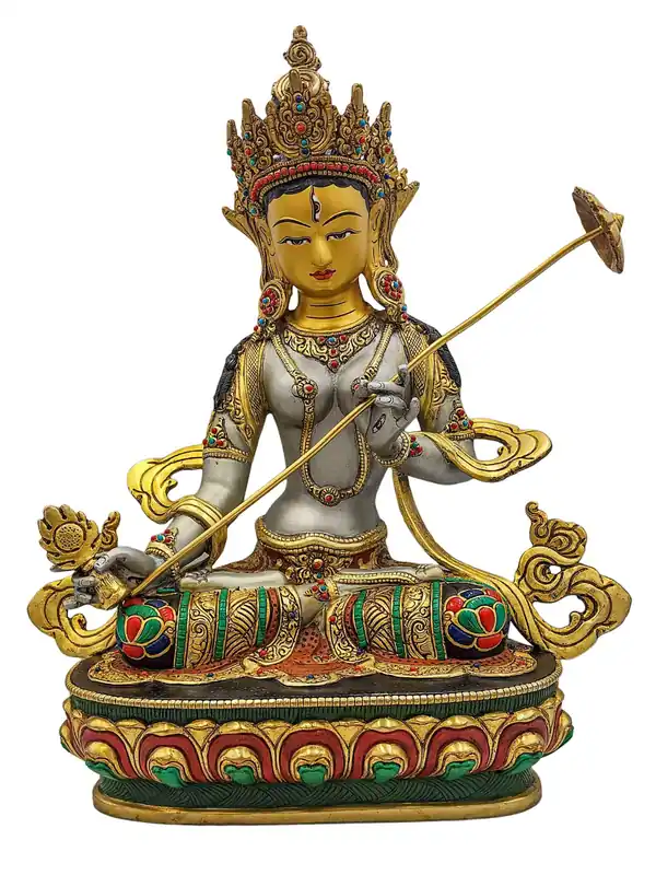 Statue de protection de Sitatapatra – en cuivre sculpté à la main avec des détails dorés, 34 cm